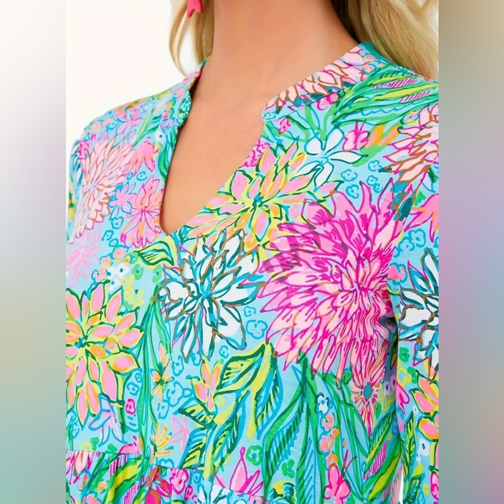 NEW Floral V-Neck Alaina Sea Breeze Blue Walking On Sunshine Swing Dress XL - Picture 6 of 6